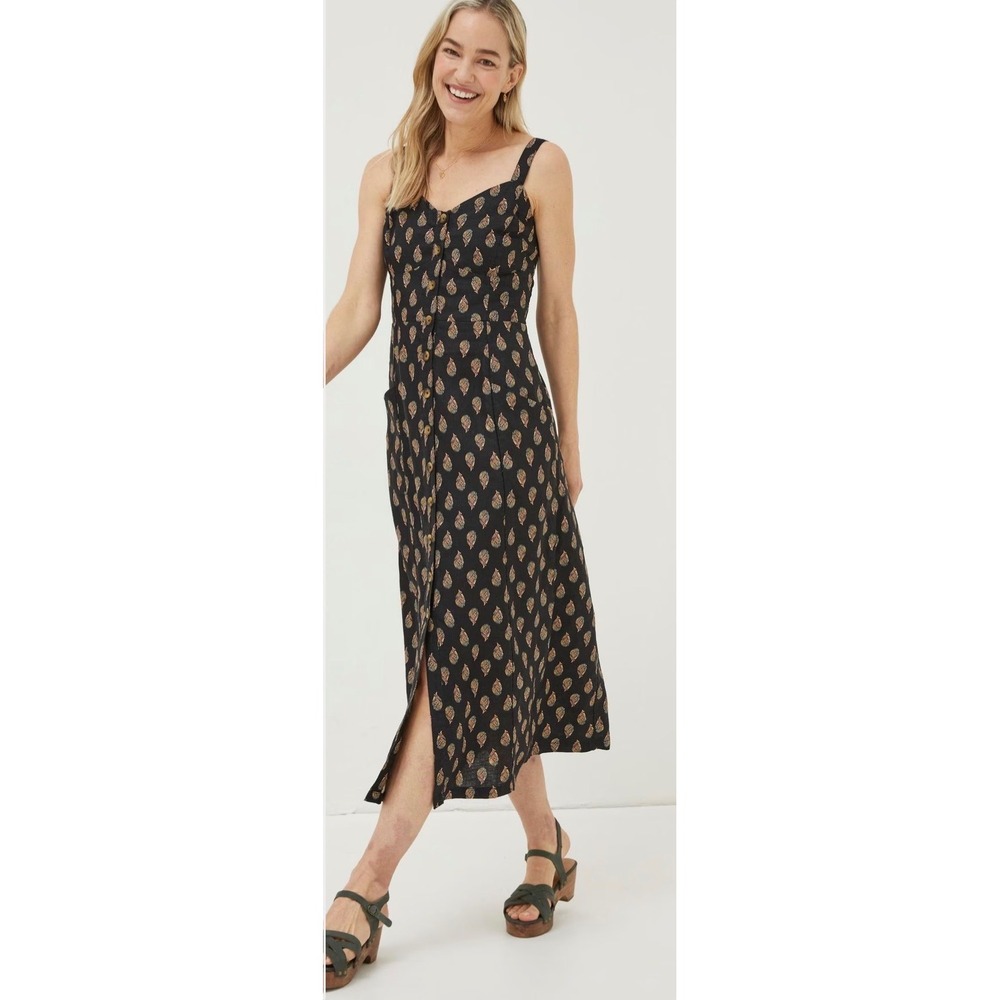 Fat Face Womens 100% Linen Button Front Midi Dress Printed Smocked Back NWT